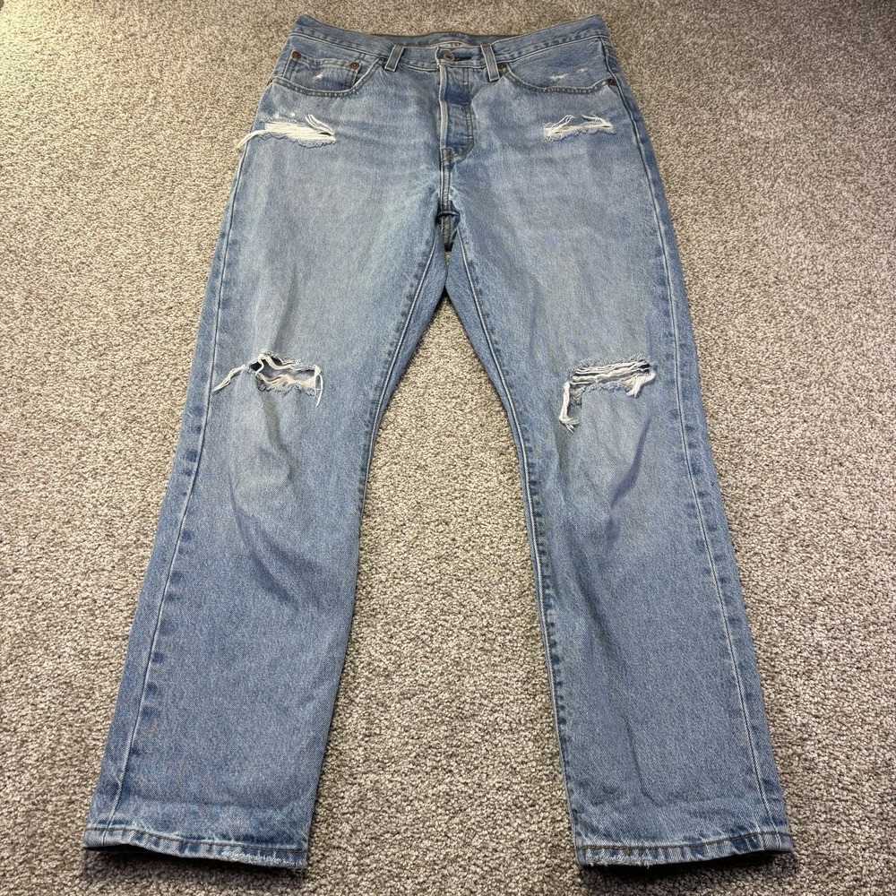 Levis 501 Jeans Mens 30x28 Blue Light Wash Straight Denim Distressed Button Fly
